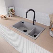 HD Aspen Grey 78 kétmedencés gránit mosogatótálca, alpesi szürke színben, matt fekete leeresztő szifonnal