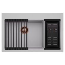 HD Aspen Grey 78 kétmedencés gránit mosogatótálca szett, matt fekete csepegtetőráccsal és kosárral, alpesi szürke színben, szálcsiszolt réz leeresztő szifonnal