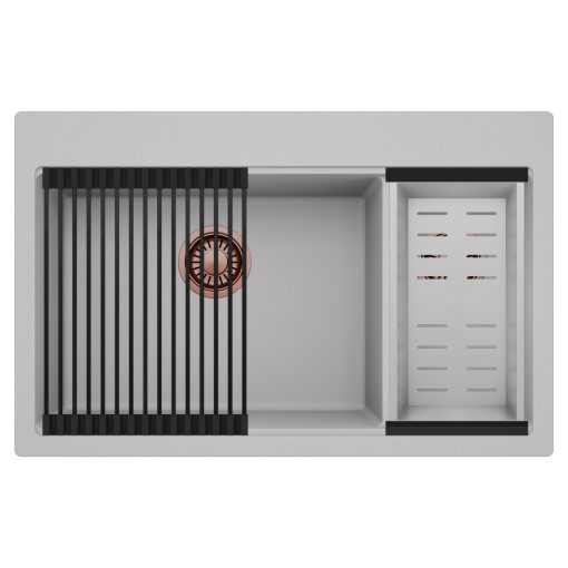 HD Aspen Grey 78 kétmedencés gránit mosogatótálca szett, matt fekete csepegtetőráccsal és krómozott kosárral, alpesi szürke színben, szálcsiszolt réz leeresztő szifonnal