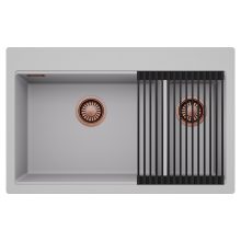 HD Aspen Grey 78 kétmedencés gránit mosogatótálca szett, matt fekete csepegtetőráccsal, alpesi szürke színben, szálcsiszolt réz leeresztő szifonnal
