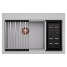 HD Aspen Grey 78 kétmedencés gránit mosogatótálca szett, acél csepegtetőráccsal és matt fekete kosárral, alpesi szürke színben, szálcsiszolt réz leeresztő szifonnal