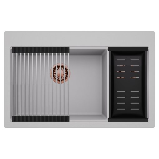 HD Aspen Grey 78 kétmedencés gránit mosogatótálca szett, acél csepegtetőráccsal és matt fekete kosárral, alpesi szürke színben, szálcsiszolt réz leeresztő szifonnal