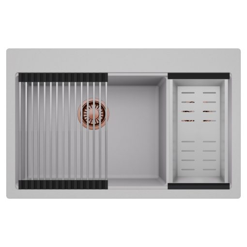 HD Aspen Grey 78 kétmedencés gránit mosogatótálca szett, acél csepegtetőráccsal és kosárral, alpesi szürke színben, szálcsiszolt réz leeresztő szifonnal