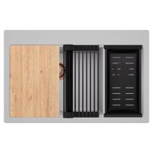 HD Aspen Grey 78 kétmedencés gránit mosogatótálca szett, vágódeszkával, matt fekete csepegtetőráccsal és kosárral, alpesi szürke színben, szálcsiszolt réz leeresztő szifonnal