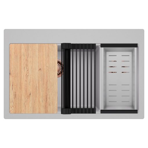 HD Aspen Grey 78 kétmedencés gránit mosogatótálca szett, vágódeszkával, matt fekete csepegtetőráccsal és krómozott kosárral, alpesi szürke színben, szálcsiszolt réz leeresztő szifonnal