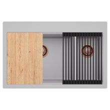 HD Aspen Grey 78 kétmedencés gránit mosogatótálca szett, vágódeszkával, matt fekete csepegtetőráccsal, alpesi szürke színben, szálcsiszolt réz leeresztő szifonnal