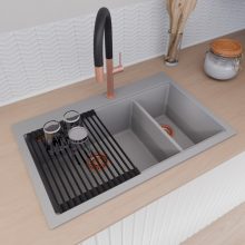 HD Aspen Grey 78 kétmedencés gránit mosogatótálca szett, vágódeszkával, matt fekete csepegtetőráccsal, alpesi szürke színben, szálcsiszolt réz leeresztő szifonnal