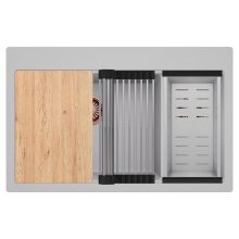 HD Aspen Grey 78 kétmedencés gránit mosogatótálca szett, vágódeszkával, acél csepegtetőráccsal és kosárral, alpesi szürke színben, szálcsiszolt réz leeresztő szifonnal