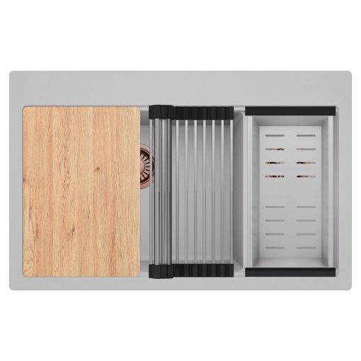 HD Aspen Grey 78 kétmedencés gránit mosogatótálca szett, vágódeszkával, acél csepegtetőráccsal és kosárral, alpesi szürke színben, szálcsiszolt réz leeresztő szifonnal