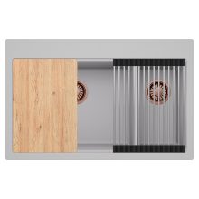 HD Aspen Grey 78 kétmedencés gránit mosogatótálca szett, vágódeszkával, acél csepegtetőráccsal, alpesi szürke színben, szálcsiszolt réz leeresztő szifonnal