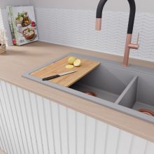 HD Aspen Grey 78 kétmedencés gránit mosogatótálca szett, vágódeszkával, acél csepegtetőráccsal, alpesi szürke színben, szálcsiszolt réz leeresztő szifonnal