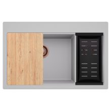 HD Aspen Grey 78 kétmedencés gránit mosogatótálca szett, vágódeszkával, matt fekete csepegtetőkosárral, alpesi szürke színben, szálcsiszolt réz leeresztő szifonnal