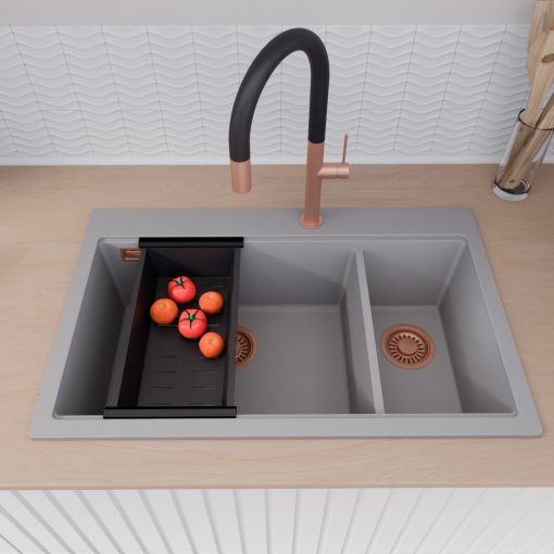 HD Aspen Grey 78 kétmedencés gránit mosogatótálca szett, vágódeszkával, matt fekete csepegtetőkosárral, alpesi szürke színben, szálcsiszolt réz leeresztő szifonnal