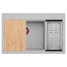 HD Aspen Grey 78 kétmedencés gránit mosogatótálca szett, vágódeszkával, acél csepegtetőkosárral, alpesi szürke színben, szálcsiszolt réz leeresztő szifonnal