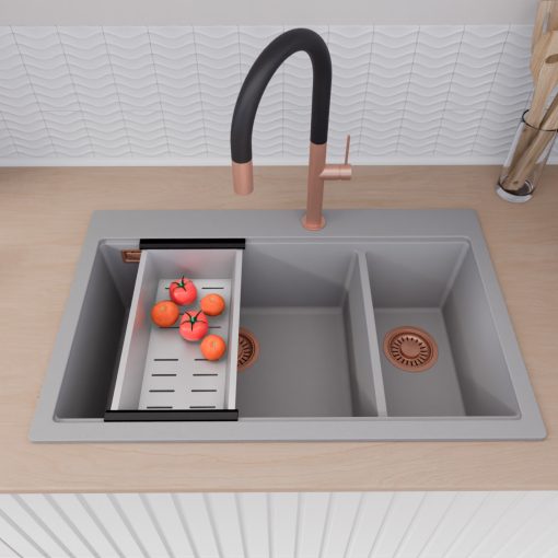 HD Aspen Grey 78 kétmedencés gránit mosogatótálca szett, vágódeszkával, acél csepegtetőkosárral, alpesi szürke színben, szálcsiszolt réz leeresztő szifonnal