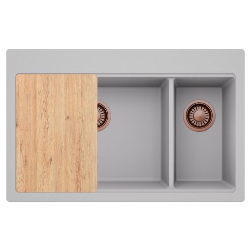 HD Aspen Grey 78 kétmedencés gránit mosogatótálca, vágódeszkával, alpesi szürke színben, szálcsiszolt réz leeresztő szifonnal