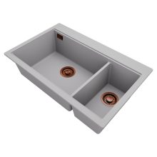 HD Aspen Grey 78 kétmedencés gránit mosogatótálca, vágódeszkával, alpesi szürke színben, szálcsiszolt réz leeresztő szifonnal