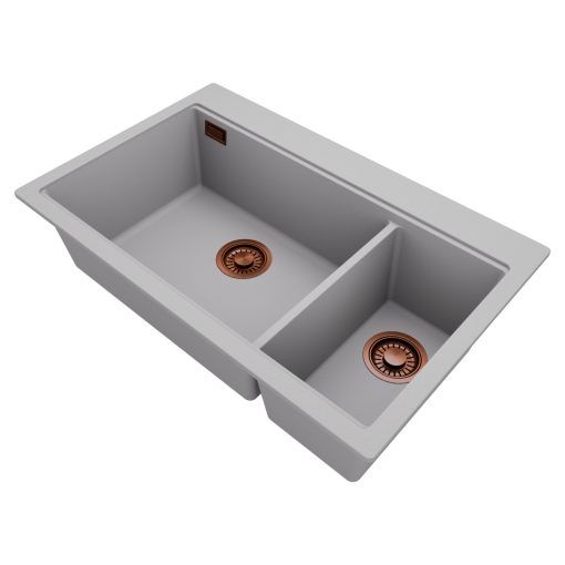 HD Aspen Grey 78 kétmedencés gránit mosogatótálca, vágódeszkával, alpesi szürke színben, szálcsiszolt réz leeresztő szifonnal