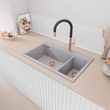 HD Aspen Grey 78 kétmedencés gránit mosogatótálca, vágódeszkával, alpesi szürke színben, szálcsiszolt réz leeresztő szifonnal