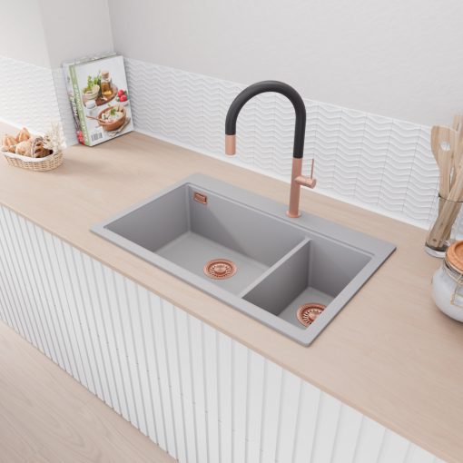 HD Aspen Grey 78 kétmedencés gránit mosogatótálca, vágódeszkával, alpesi szürke színben, szálcsiszolt réz leeresztő szifonnal