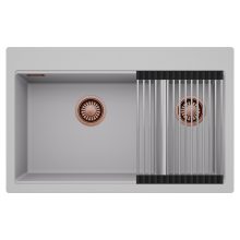 HD Aspen Grey 78 kétmedencés gránit mosogatótálca szett, acél csepegtetőráccsal, alpesi szürke színben, szálcsiszolt réz leeresztő szifonnal