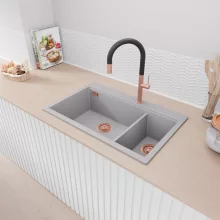 HD Aspen Grey 78 kétmedencés gránit mosogatótálca, alpesi szürke színben, szálcsiszolt réz leeresztő szifonnal