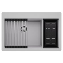 HD Aspen Grey 78 kétmedencés gránit mosogatótálca szett, acél csepegtetőráccsal és matt fekete kosárral, alpesi szürke színben