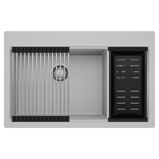 HD Aspen Grey 78 kétmedencés gránit mosogatótálca szett, acél csepegtetőráccsal és matt fekete kosárral, alpesi szürke színben