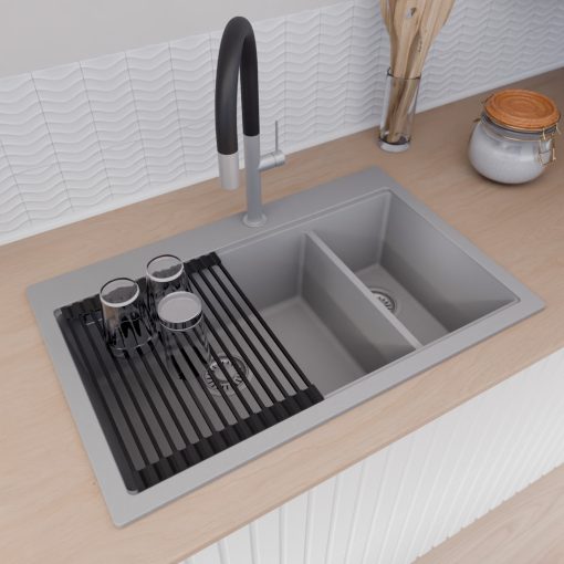 HD Aspen Grey 78 kétmedencés gránit mosogatótálca szett, vágódeszkával, matt fekete csepegtetőráccsal, alpesi szürke színben