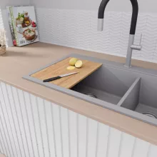 HD Aspen Grey 78 kétmedencés gránit mosogatótálca szett, vágódeszkával, acél csepegtetőráccsal és kosárral, alpesi szürke színben