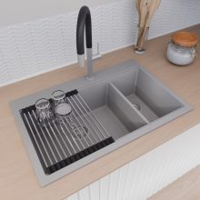 HD Aspen Grey 78 kétmedencés gránit mosogatótálca szett, vágódeszkával, acél csepegtetőráccsal, alpesi szürke színben