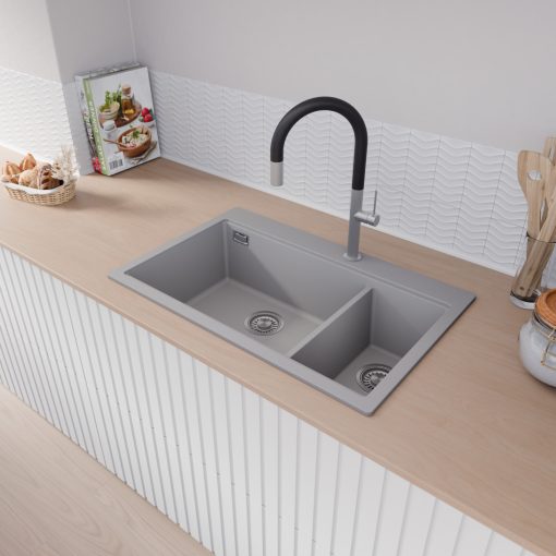 HD Aspen Grey 78 kétmedencés gránit mosogatótálca, vágódeszkával, alpesi szürke színben