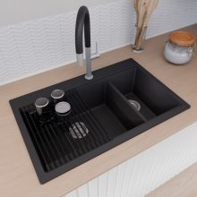 HD Aspen Black 78 kétmedencés gránit mosogatótálca szett, matt fekete csepegtetőráccsal és kosárral, matt fekete színben, szálcsiszolt króm leeresztő szifonnal