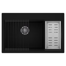 HD Aspen Black 78 kétmedencés gránit mosogatótálca szett, matt fekete csepegtetőráccsal és krómozott kosárral, matt fekete színben, szálcsiszolt króm leeresztő szifonnal