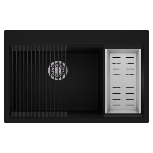 HD Aspen Black 78 kétmedencés gránit mosogatótálca szett, matt fekete csepegtetőráccsal és krómozott kosárral, matt fekete színben, szálcsiszolt króm leeresztő szifonnal