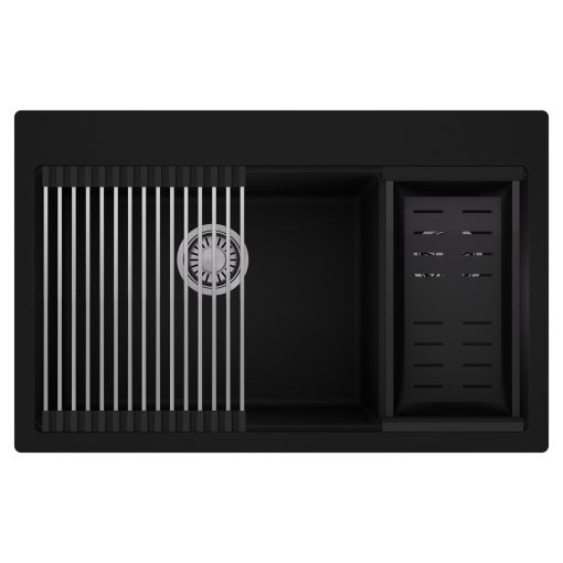 HD Aspen Black 78 kétmedencés gránit mosogatótálca szett, acél csepegtetőráccsal és matt fekete kosárral, matt fekete színben, szálcsiszolt króm leeresztő szifonnal