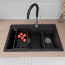 HD Aspen Black 78 kétmedencés gránit mosogatótálca szett, vágódeszkával, matt fekete csepegtetőráccsal és kosárral, matt fekete színben, szálcsiszolt króm leeresztő szifonnal