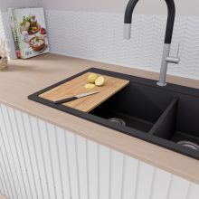 HD Aspen Black 78 kétmedencés gránit mosogatótálca szett, vágódeszkával, acél csepegtetőráccsal és kosárral, matt fekete színben, szálcsiszolt króm leeresztő szifonnal