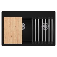 HD Aspen Black 78 kétmedencés gránit mosogatótálca szett, vágódeszkával, acél csepegtetőráccsal, matt fekete színben, szálcsiszolt króm leeresztő szifonnal