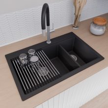 HD Aspen Black 78 kétmedencés gránit mosogatótálca szett, vágódeszkával, acél csepegtetőráccsal, matt fekete színben, szálcsiszolt króm leeresztő szifonnal