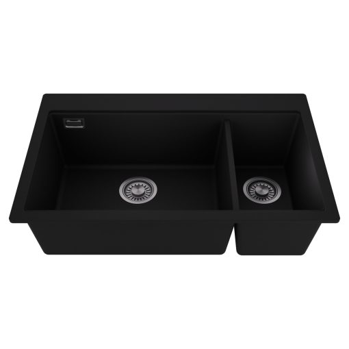 HD Aspen Black 78 kétmedencés gránit mosogatótálca, matt fekete színben, szálcsiszolt króm leeresztő szifonnal