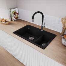 HD Aspen Black 78 kétmedencés gránit mosogatótálca, matt fekete színben, szálcsiszolt króm leeresztő szifonnal