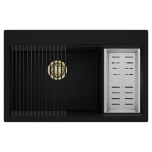 HD Aspen Black 78 kétmedencés gránit mosogatótálca szett, matt fekete csepegtetőráccsal és krómozott kosárral, matt fekete színben, szálcsiszolt arany leeresztő szifonnal