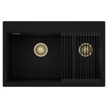 HD Aspen Black 78 kétmedencés gránit mosogatótálca szett, matt fekete csepegtetőráccsal, matt fekete színben, szálcsiszolt arany leeresztő szifonnal