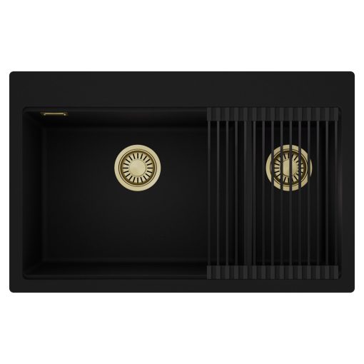 HD Aspen Black 78 kétmedencés gránit mosogatótálca szett, matt fekete csepegtetőráccsal, matt fekete színben, szálcsiszolt arany leeresztő szifonnal