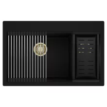 HD Aspen Black 78 kétmedencés gránit mosogatótálca szett, acél csepegtetőráccsal és matt fekete kosárral, matt fekete színben, szálcsiszolt arany leeresztő szifonnal