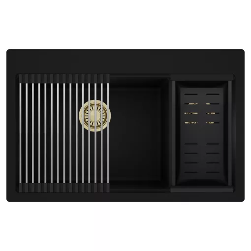 HD Aspen Black 78 kétmedencés gránit mosogatótálca szett, acél csepegtetőráccsal és matt fekete kosárral, matt fekete színben, szálcsiszolt arany leeresztő szifonnal