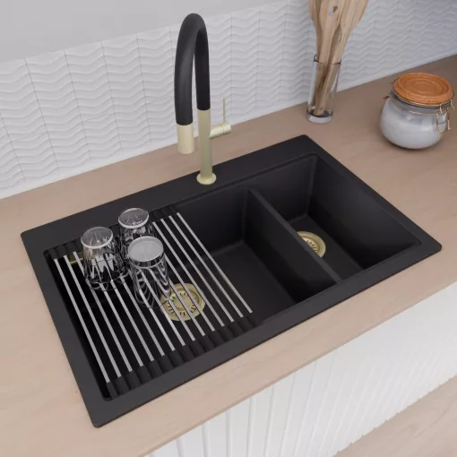 HD Aspen Black 78 kétmedencés gránit mosogatótálca szett, acél csepegtetőráccsal és matt fekete kosárral, matt fekete színben, szálcsiszolt arany leeresztő szifonnal