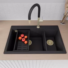 HD Aspen Black 78 kétmedencés gránit mosogatótálca szett, acél csepegtetőráccsal és matt fekete kosárral, matt fekete színben, szálcsiszolt arany leeresztő szifonnal