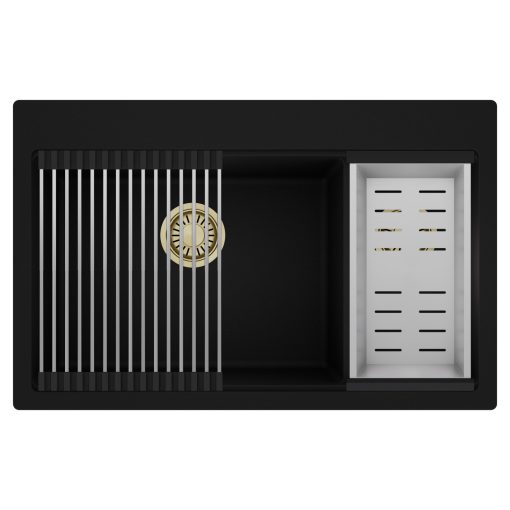 HD Aspen Black 78 kétmedencés gránit mosogatótálca szett, acél csepegtetőráccsal és kosárral, matt fekete színben, szálcsiszolt arany leeresztő szifonnal